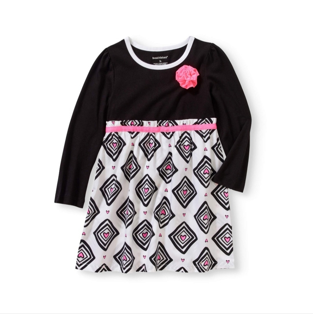 HEALTHTEX Toddler Girl Essential Knit and Woven Long Sleeves Rosette Dress (5T)